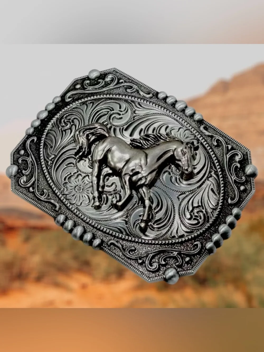 Detailed Silver Engraved Horse/Western Unisex Clip-On Belt Buckle
